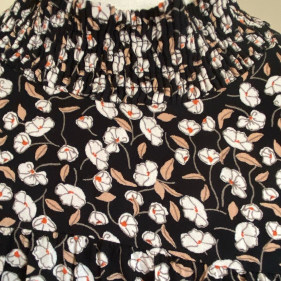 Pieces Black White Floral Flutter Long Sleeve Smocked Mock Neck Dress-Sz-XL - Picture 2 of 16